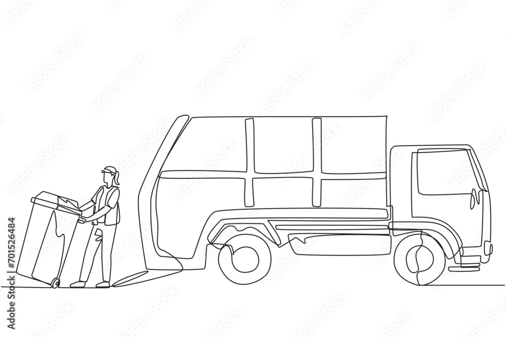 Aufkleber continuous one line drawing trash woman pulling wheeled trash can towards garbage truck. using a hat