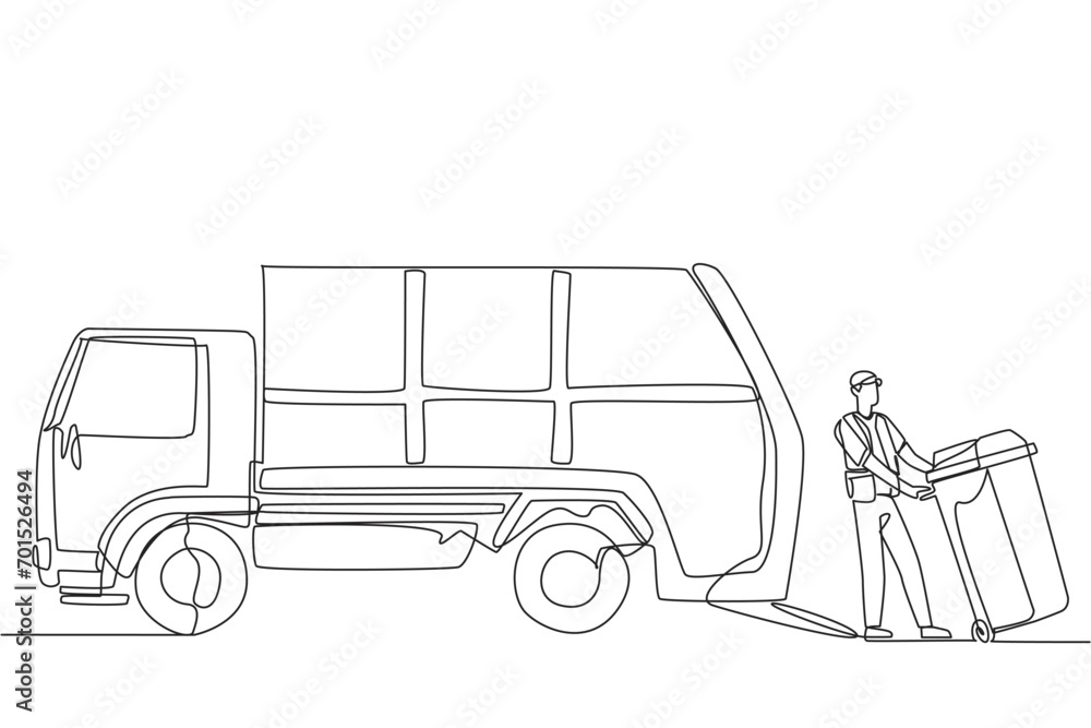 Poster single continuous line drawing trash man pulling wheeled trash can towards the garbage truck. preven