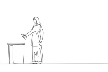 Single continuous line drawing Arabian woman throw used plastic bottles into overflowing trash cans. Environmental care. Provide examples of commendable actions. One line design vector illustration