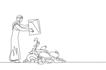 Continuous one line drawing Arabian man throws rubbish into rubbish pile. Environmental care. It is best to dispose of waste at the final disposal site. Single line draw design vector illustration - obrazy, fototapety, plakaty