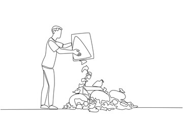 Single one line drawing man throws rubbish into rubbish pile. Environmental care. Throwing rubbish not in proper place. Surrounding air becomes less clear. Continuous line design graphic illustration