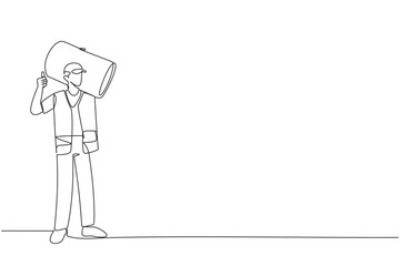 Single one line drawing trash man carrying a trash can giving a thumbs up. Enthusiastic and cheerful when cleaning the environment. Good responsibility. Continuous line design graphic illustration