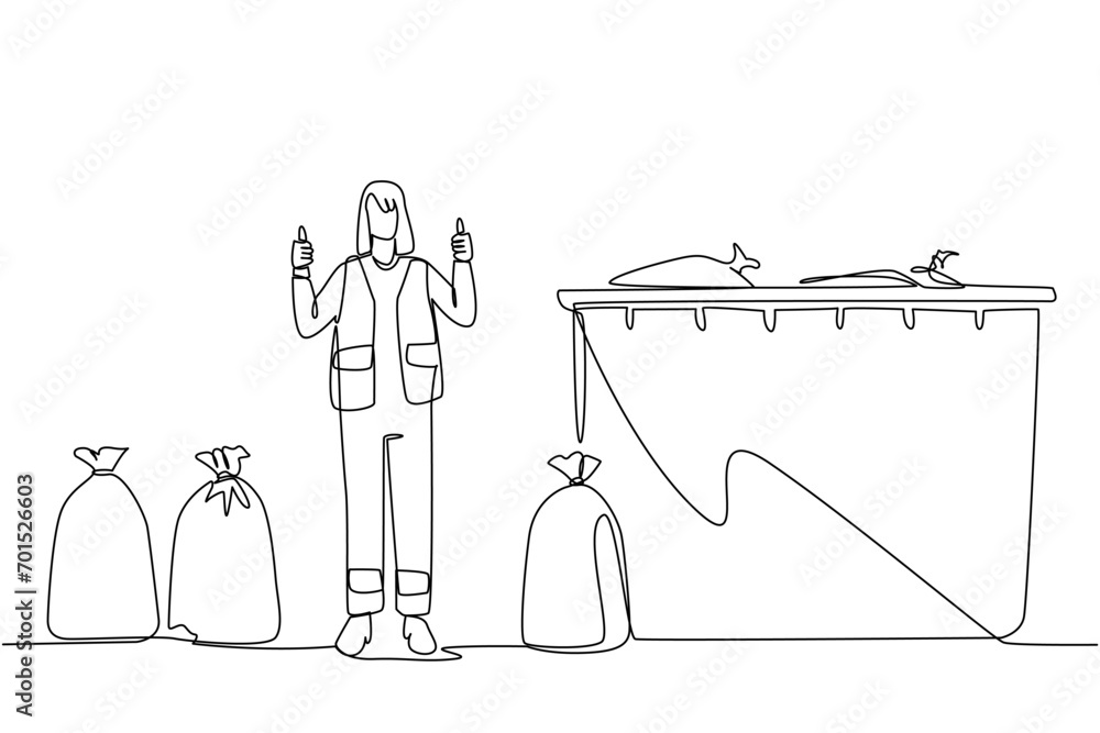 Aufkleber continuous one line drawing trash woman stands with a thumbs up gesture between trash bags. code for