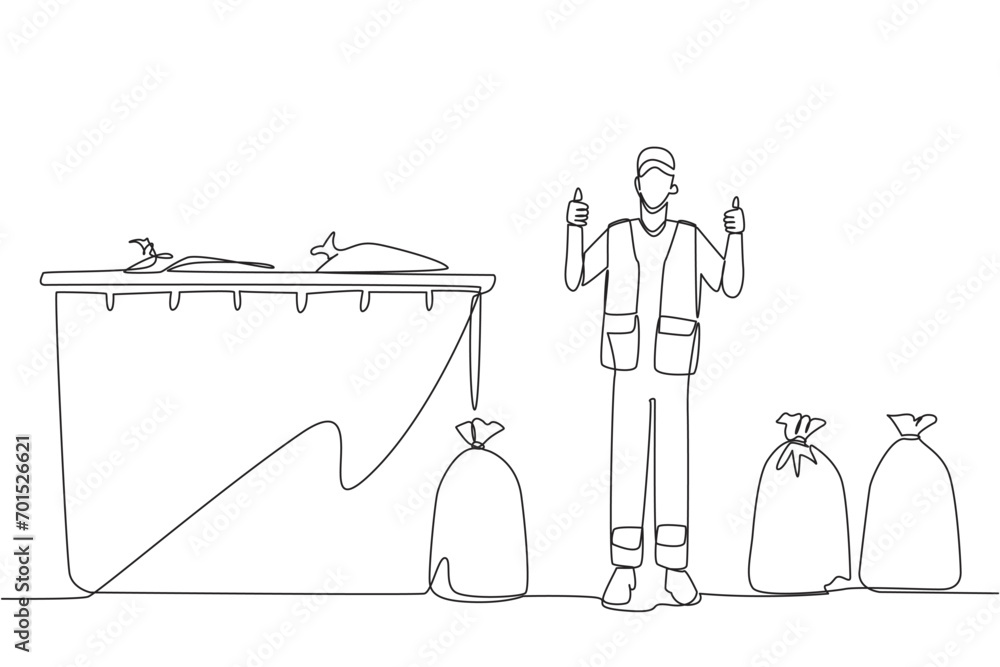Poster single continuous line drawing trash man stands with a thumbs up gesture between trash bags. finish 