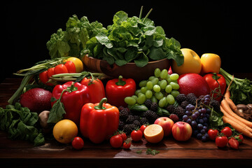 A diverse array of fresh fruits and vegetables, symbolizing the essence of a balanced and nutritious diet for overall health. Generative Ai.