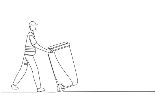 Single one line drawing trash man pushing a wheeled trash can. Side job is volunteering to keep environment clean. Remain highly dedicated. No pollution. Continuous line design graphic illustration