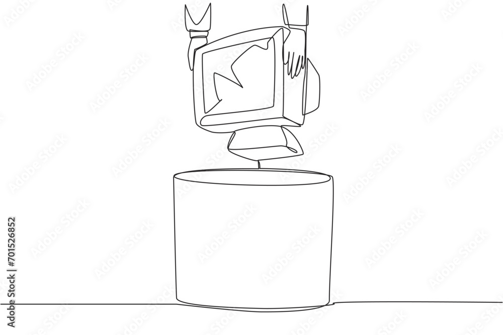 Poster continuous one line drawing businessman's hand throws away tube monitor whose screen is cracked. out
