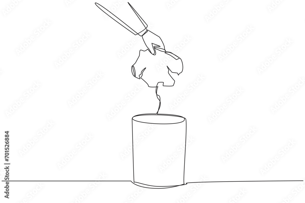 Poster single one line drawing businessman's hand throwing away broken piggy bank. find the source of inves