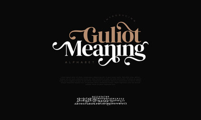 Guliotmeaning premium luxury elegant alphabet letters and numbers. Elegant wedding typography classic serif font decorative vintage retro. Creative vector illustration