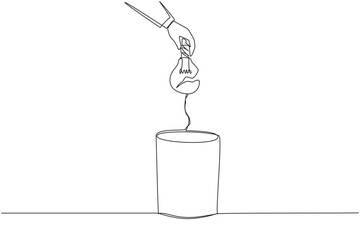 Single one line drawing businessman's hand throwing away a broken lightbulb. Unoriginal idea. Plagiarized ideas. Cannot make changes. Useless. Wrecked. Continuous line design graphic illustration - obrazy, fototapety, plakaty