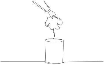Single one line drawing businessman's hand throwing away broken piggy bank. Find the source of investment failure. Replace with a better and more reliable. Continuous line design graphic illustration