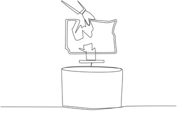 Single one line drawing businessman's hand throws away lcd monitor whose screen is cracked. Uncomfortable on the eyes. Impairs judgment. Broken. Shattered. Continuous line design graphic illustration