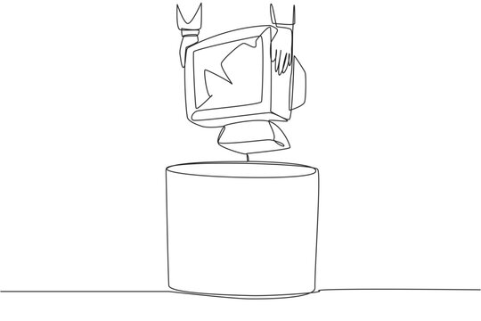 Continuous one line drawing businessman's hand throws away tube monitor whose screen is cracked. Outdated technology. Poor color gradation. Useless things. Single line draw design vector illustration
