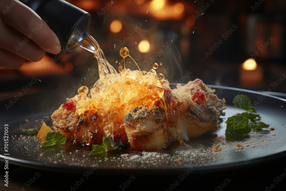 Poster a chef using a blowtorch to caramelize sugar on a dessert, showcasing the precise application of hea