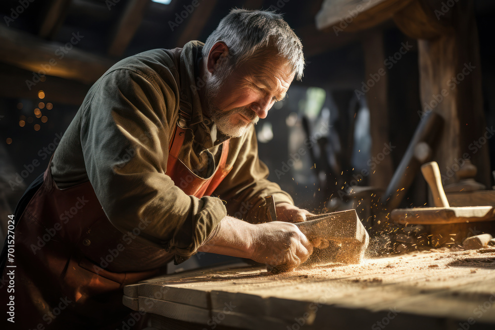 Poster A carpenter striking a chisel to shape wood, illustrating the skilled craftsmanship as a catalyst for turning raw materials into a finished product. Generative Ai.