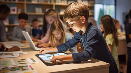 Kids using digital tablets and laptops inside a classroom.