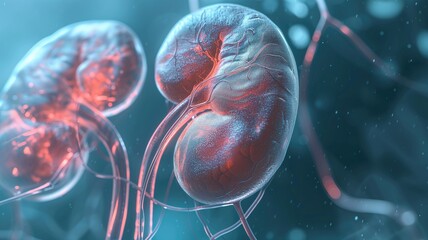 Detailed illustration of human kidneys with vascular network on a blue backdrop - obrazy, fototapety, plakaty