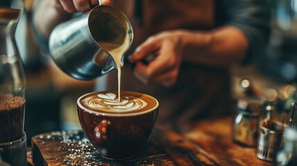 Fototapeta na wymiar Barista pouring milk into coffee creating latte art