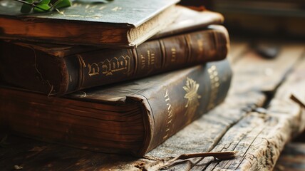 Stack of old leather-bound books with clover leaves - obrazy, fototapety, plakaty