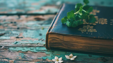 Vintage book with clover on weathered wood