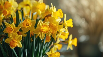 Bright yellow daffodils in bloom, with soft-focus background