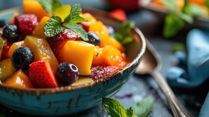 A colorful bowl of mixed fruit salad - obrazy, fototapety, plakaty