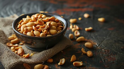 A bowl of salted peanuts on a rustic backdrop
