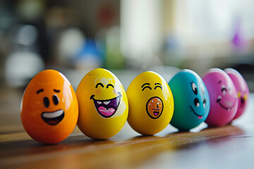 Easter colored eggs with emotions. Easter background or banner. High quality photo