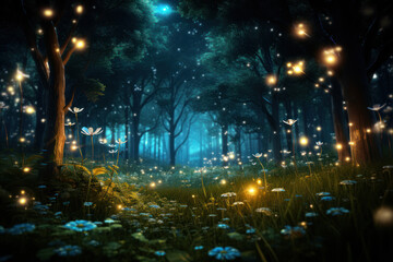 The ethereal glow of fireflies dancing in a moonlit meadow, creating a magical spectacle in the quiet of the night. Generative Ai.
