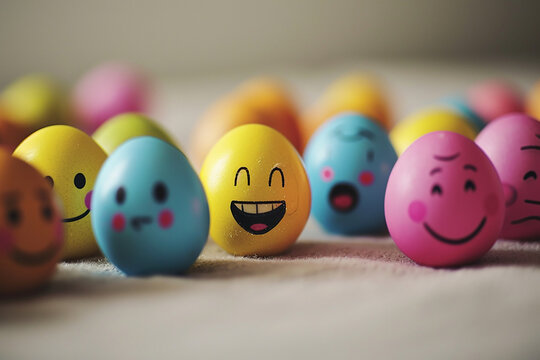 Easter colored eggs with emotions. Easter background or banner. High quality photo