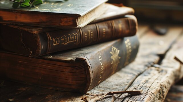 Stack of old leather-bound books with clover leaves