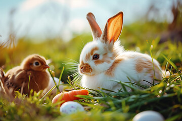 Easter background. Cute bunny and chicks in the grass surrounded by easter colored eggs. copy space,. High quality photo