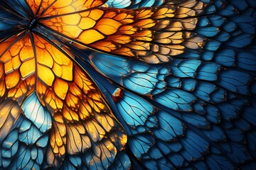 A high-definition shot showcasing the 3D complexity of a butterfly wing's patterns, adorned with vibrant, chromatic colors against a sapphire backdrop featuring a radiant orange tree.