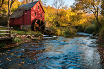 Old Red Watermill in the Crisp Fall Air made with Generative AI Technology