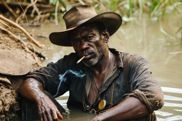 Obraz premium Closeup of a Black Cowboy Smoking made with Generative AI Technology