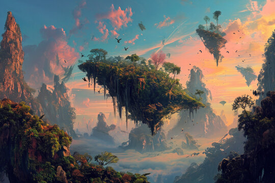 Painting of Magical Floating Mountains made with Generative AI Technology
