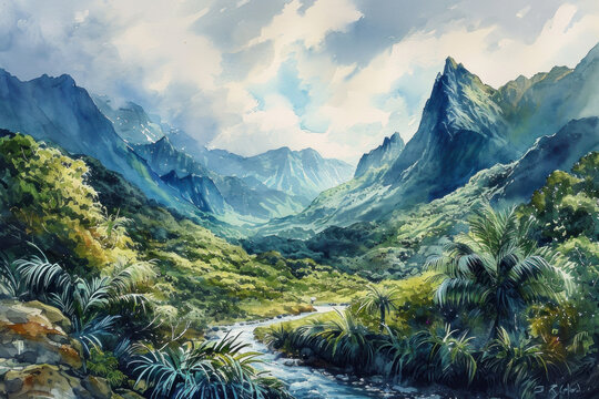 Watercolor Painting of a Lush Green Landscape made with Generative AI Technology