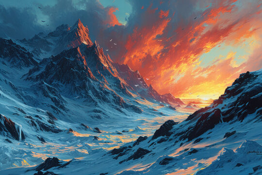 Fiery Skies in a Cold Mountain Landscape made with Generative AI Technology