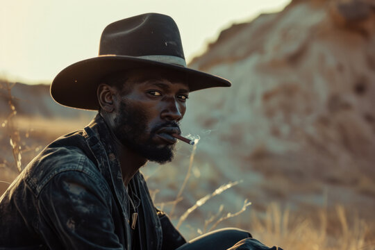 Closeup of a Black Cowboy Smoking made with Generative AI Technology