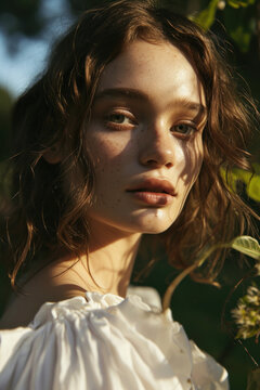 Close up shot of a female model with brown hair and a white dress made with Generative AI Technology