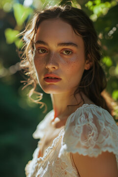 Close up shot of a female model with brown hair and a white dress made with Generative AI Technology