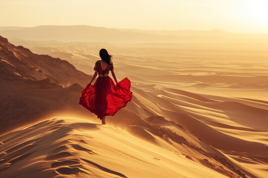 Woman in Red Dress walking along a Sand Dune made with Generative AI Technology