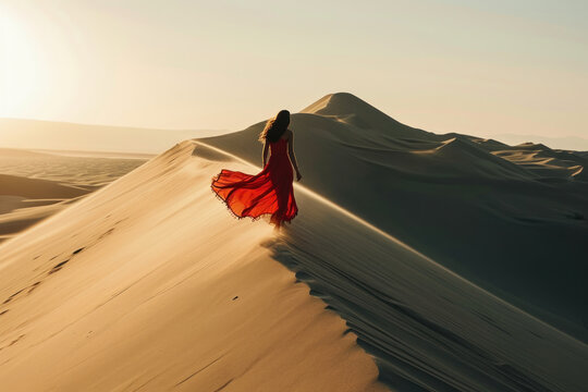 Woman in Red Dress walking along a Sand Dune made with Generative AI Technology