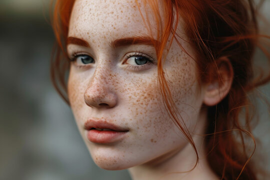 Modeling shot of a beautiful red haired woman with freckles made with Generative AI Technology