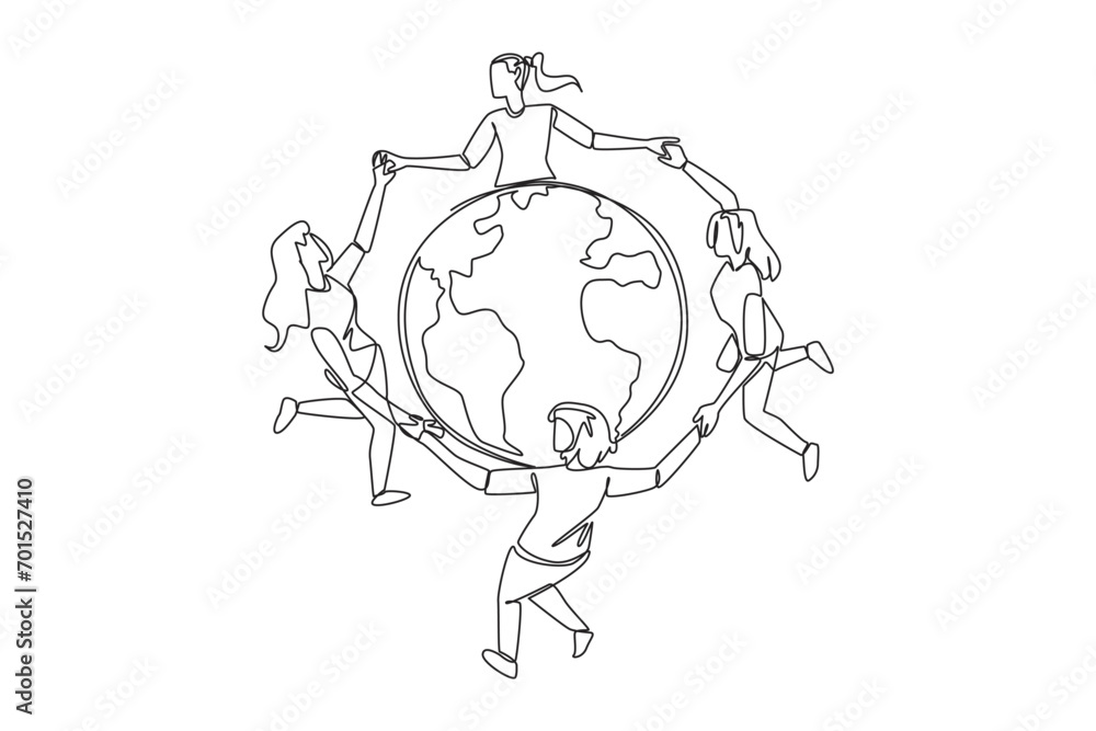Poster continuous one line drawing a group of women make a circle around the globe. be happy and cheerful i