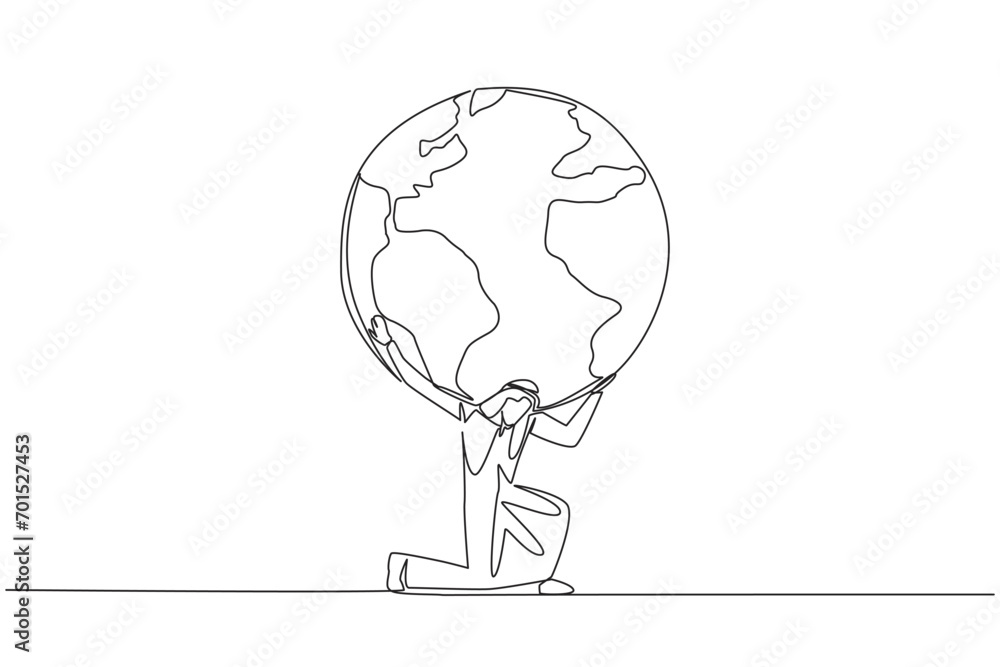 Poster single continuous line drawing arab man kneels while cradling a globe. do the best to protect earth.