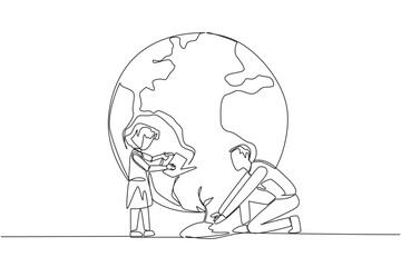 Continuous one line drawing girl standing watering the plants. Teaching environmental care from an early age. World environment day. Earth day. Protect. Single line draw design vector illustration