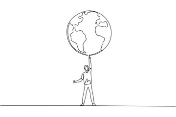 Single continuous line drawing man standing lifting globe with one hand. The desire makes strong enough to protect earth alone. Keep away from scattered rubbish. One line design vector illustration