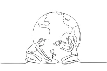 Single continuous line drawing man holds mound of earth while woman waters plants. Help each other keep the earth green. World environment day. Love the earth. One line design vector illustration