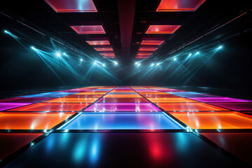 Luminescent dance floor panels enhancing the atmosphere in a nightclub, contributing to the vibrant...